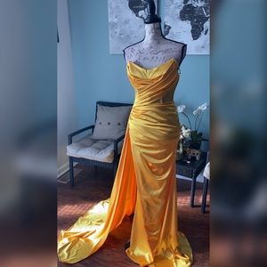 Yellow prom dress or satin formal dress